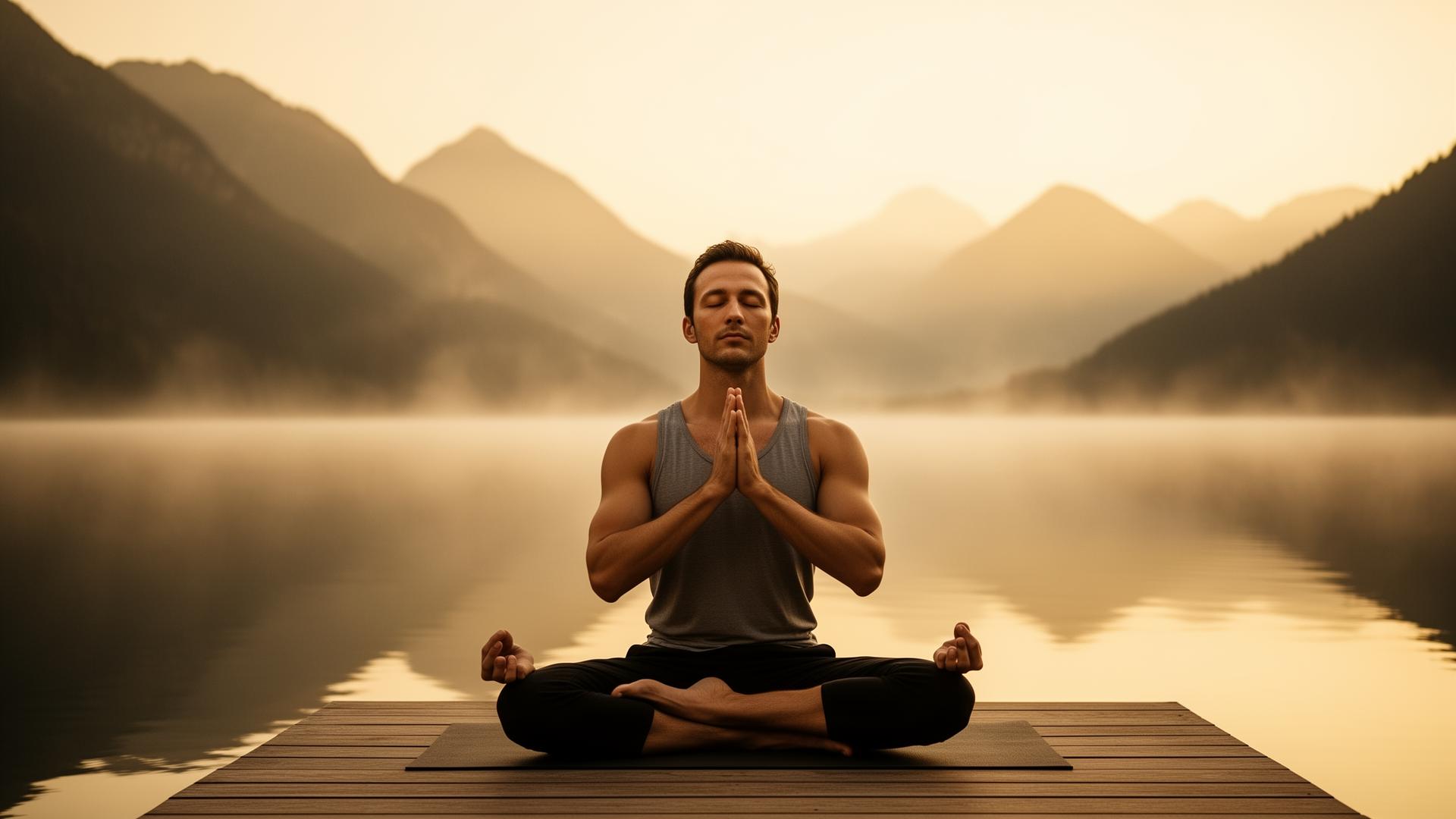 Man in lotus pose by a mountain lake during conscious breathing