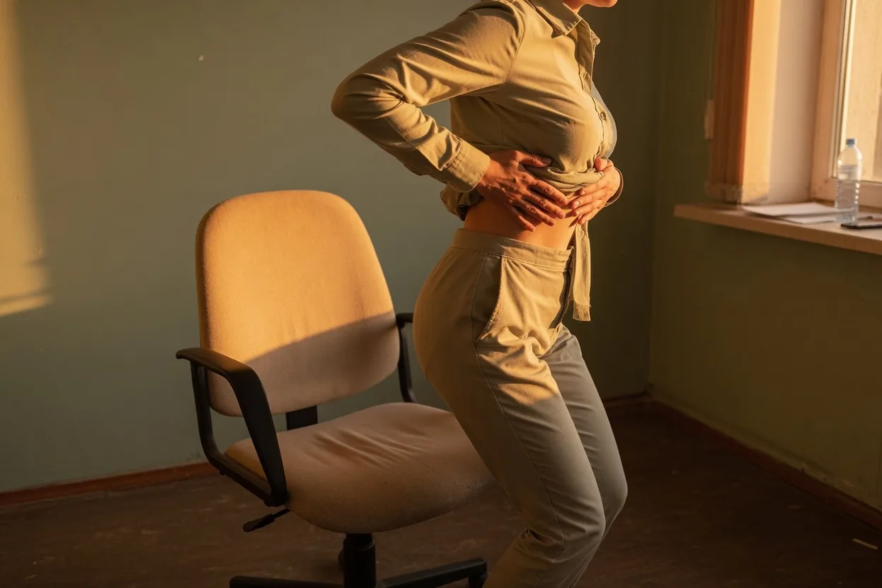 Side view of a standing torso beside an office chair, hands on the lower ribs, shallow breath when sitting
