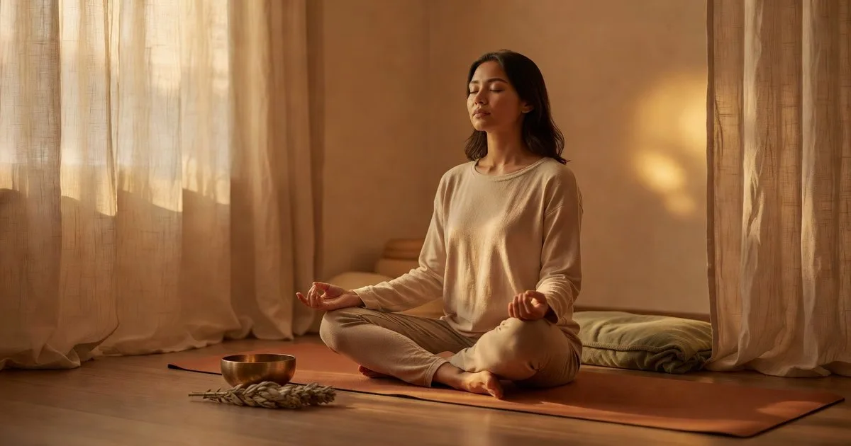 Vrouw zit in meditatie op een yogamat met één hand op haar borst en één op haar buik, oefent diepe middenrifademhaling in een zonnige studio