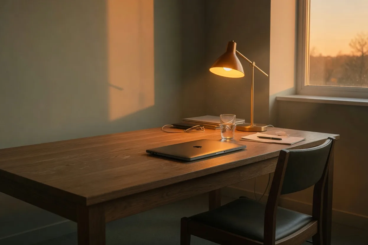 Leeg bureau met brandende lamp, gesloten laptop en onaangeroerd glas water, beeld voor ademwerk bij burn-out en het zenuwstelsel