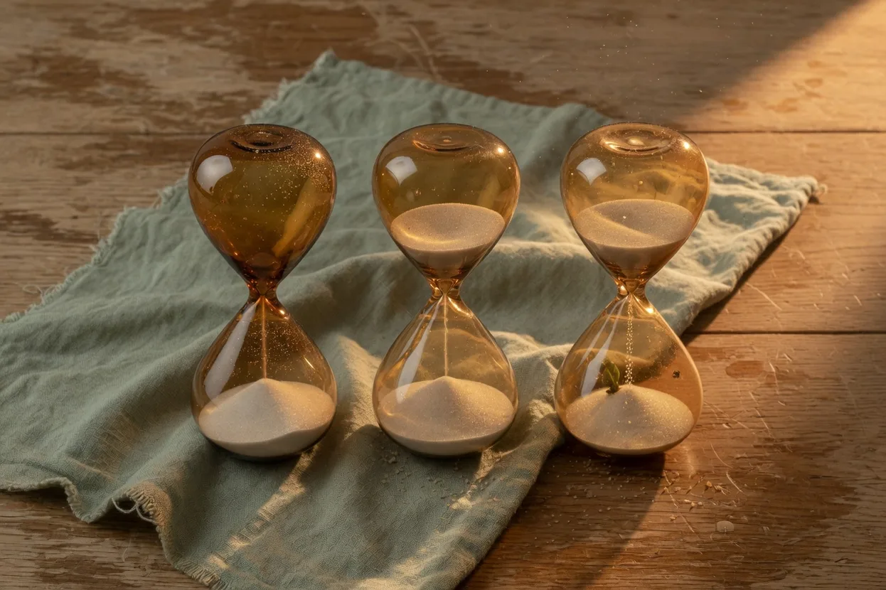 Three amber hourglasses of different sizes on a wooden table, metaphor for breathwork in burnout by phase