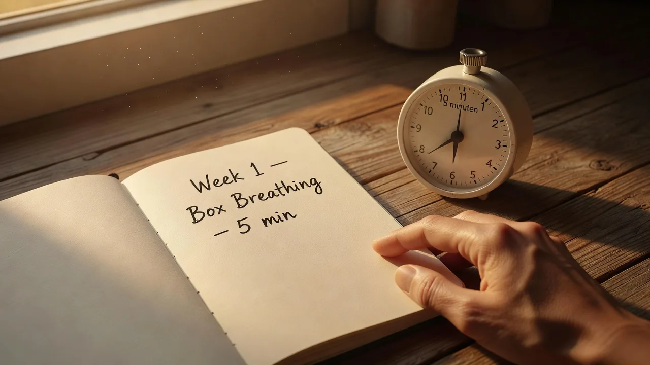 Breathwork at home schedule with notebook, timer and breathing exercise on the floor in morning light