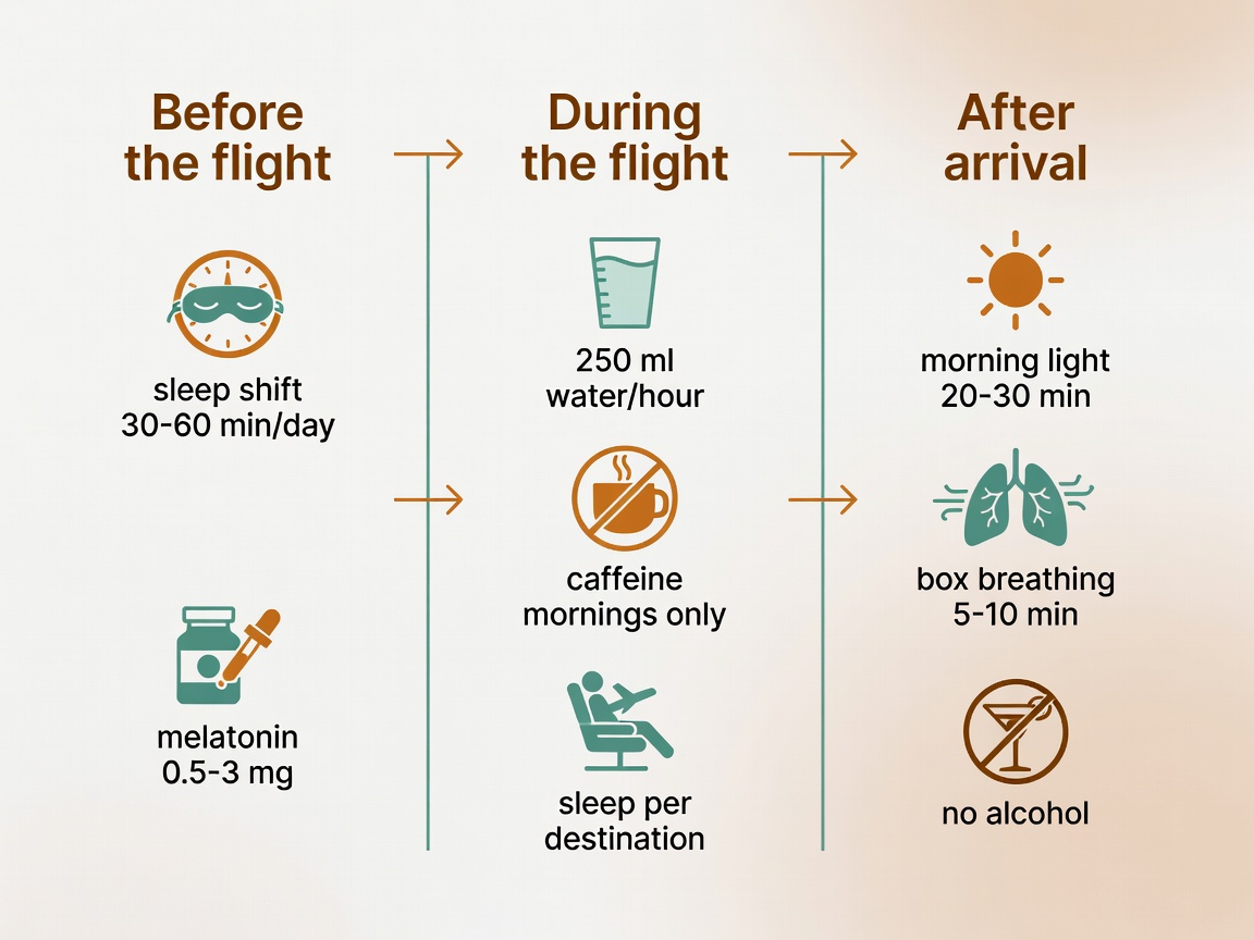 Jet lag protocol overview: three phases with light, melatonin, caffeine and breathwork per phase