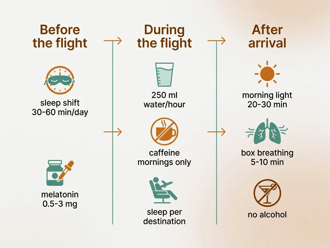 Jet lag protocol overview: three phases with light, melatonin, caffeine, and breathwork per phase