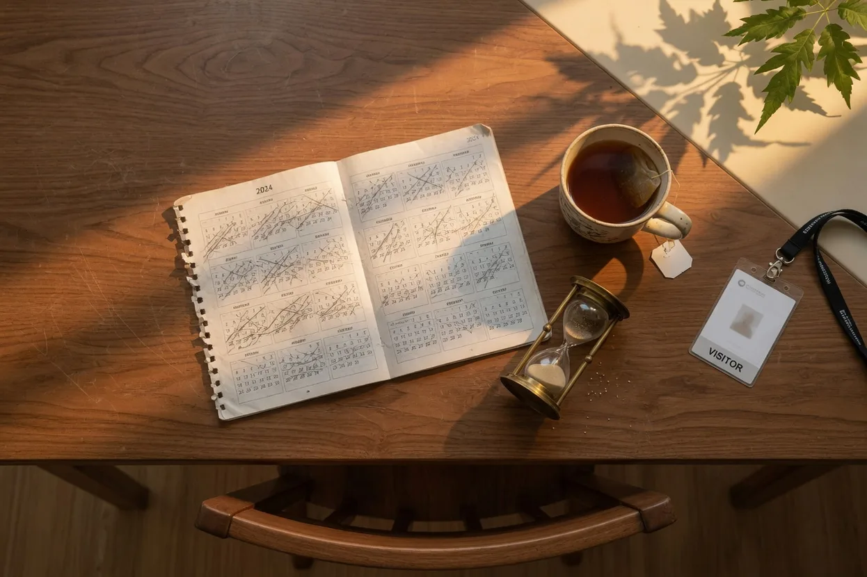 Calendar and hourglass on a wooden table in golden hour light, image for burnout recovery timeline