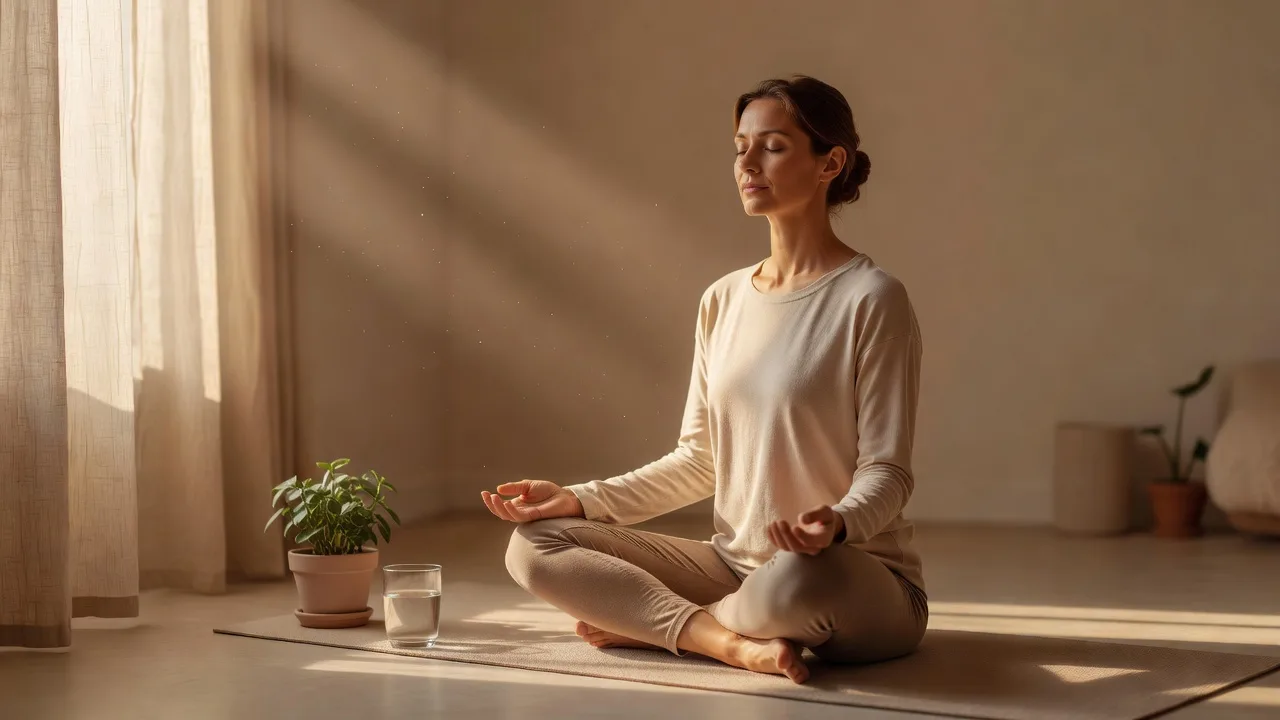 Woman in meditative posture consciously practicing connected breathing during a session