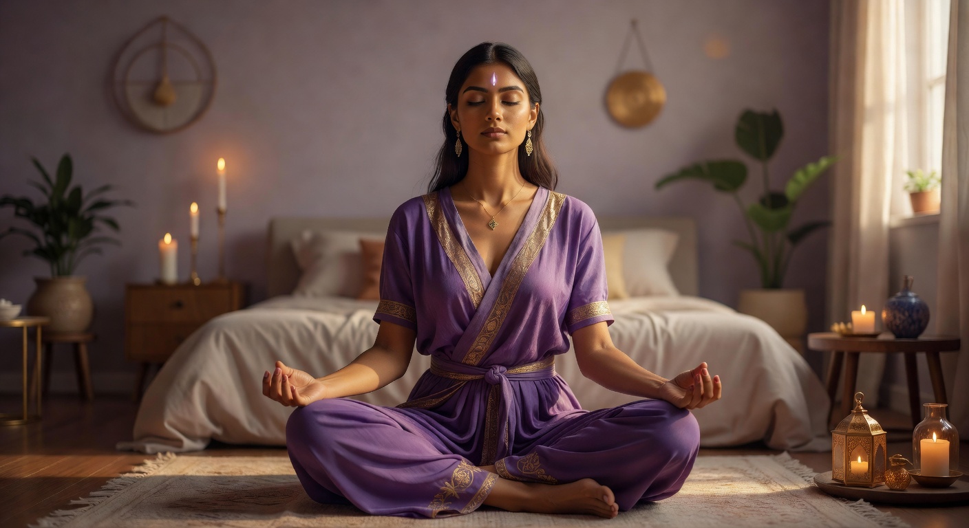 Woman meditating with hands near forehead, third eye chakra ajna activation in serene studio with soft light