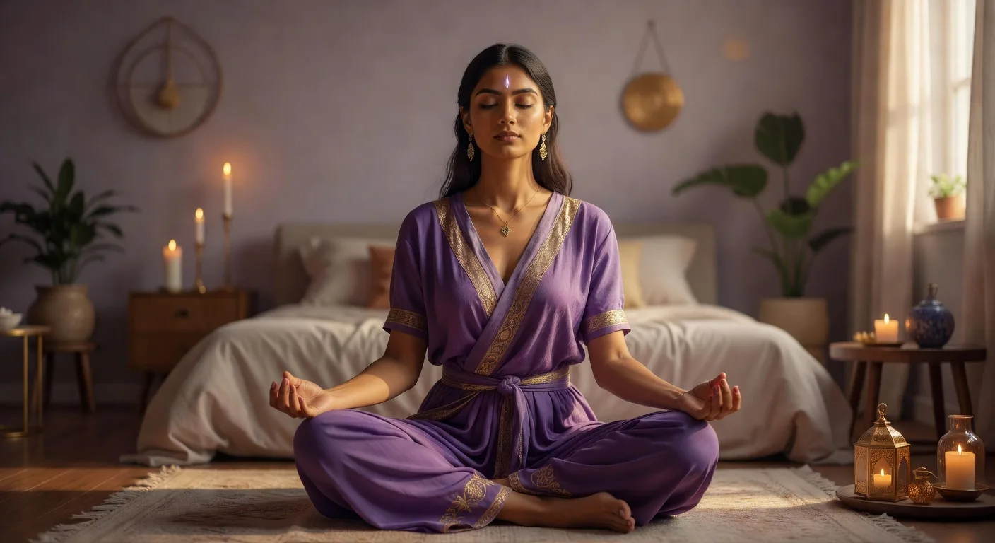 Vrouw in meditatie met handen bij het voorhoofd, derde oog chakra ajna activatie in rustige studio met zacht licht