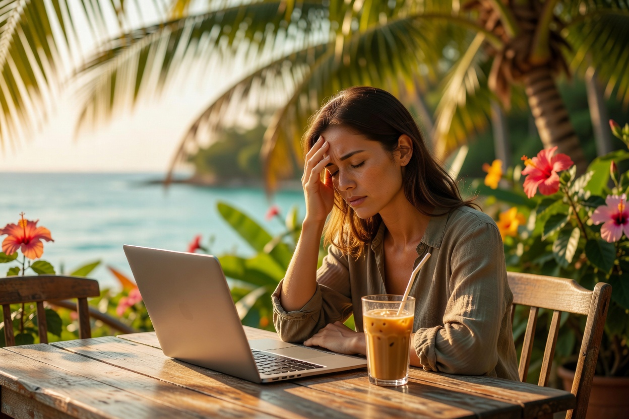 Digital nomad with laptop by a pool looking exhausted and empty inside as a metaphor for burnout warning signs