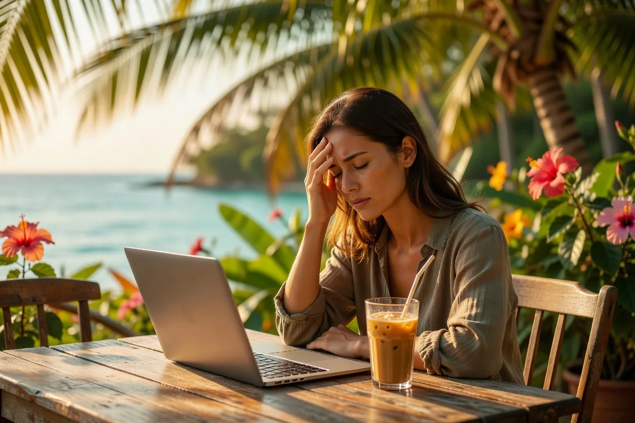 Digital nomad with laptop by a pool looking exhausted and empty inside as a metaphor for burnout warning signs