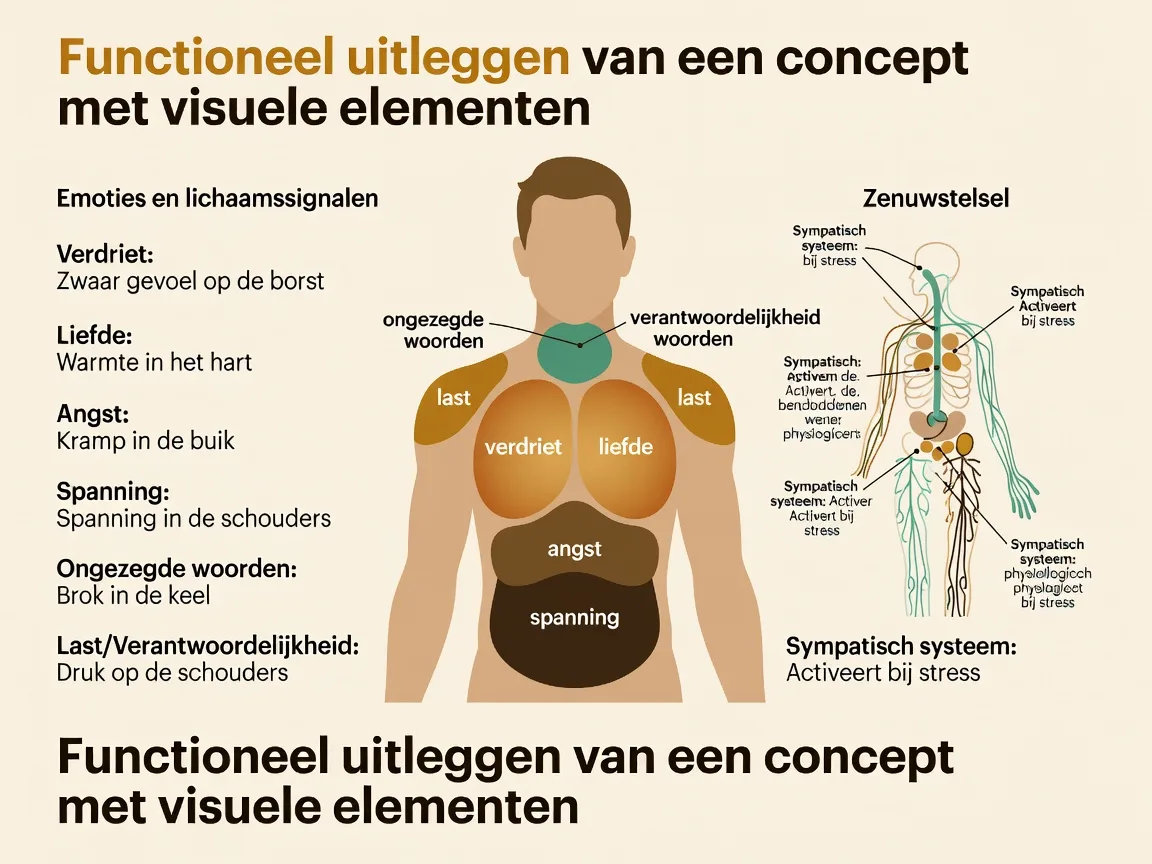 Infographic: Een lichaamskaart-infographic in Spiriators huisstijl (amber #a66b29, saliegroen #50957a, aardbruin 