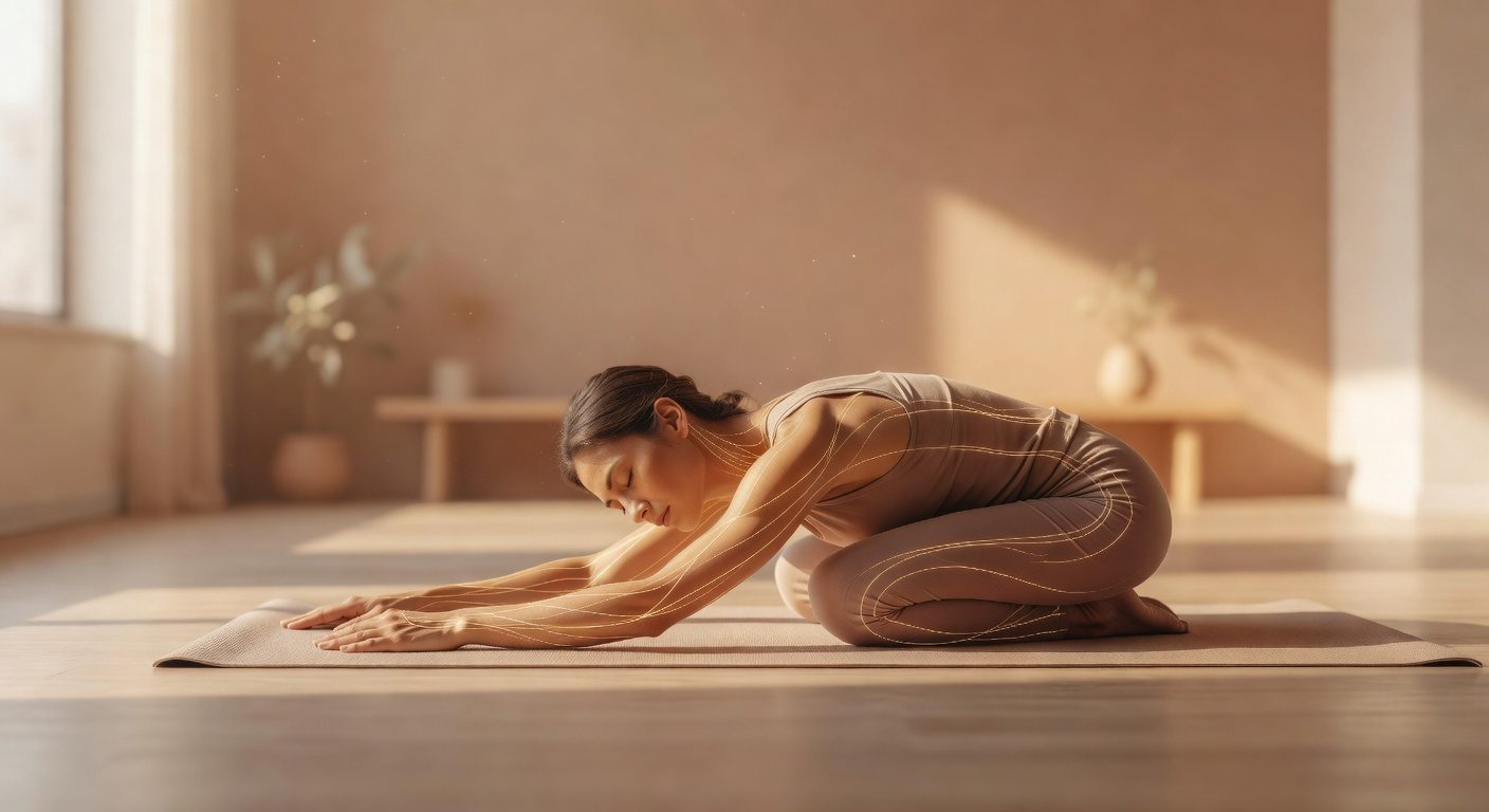 Vrouw in yin yoga houding op mat die fascia en emoties verbindt via bindweefsel release