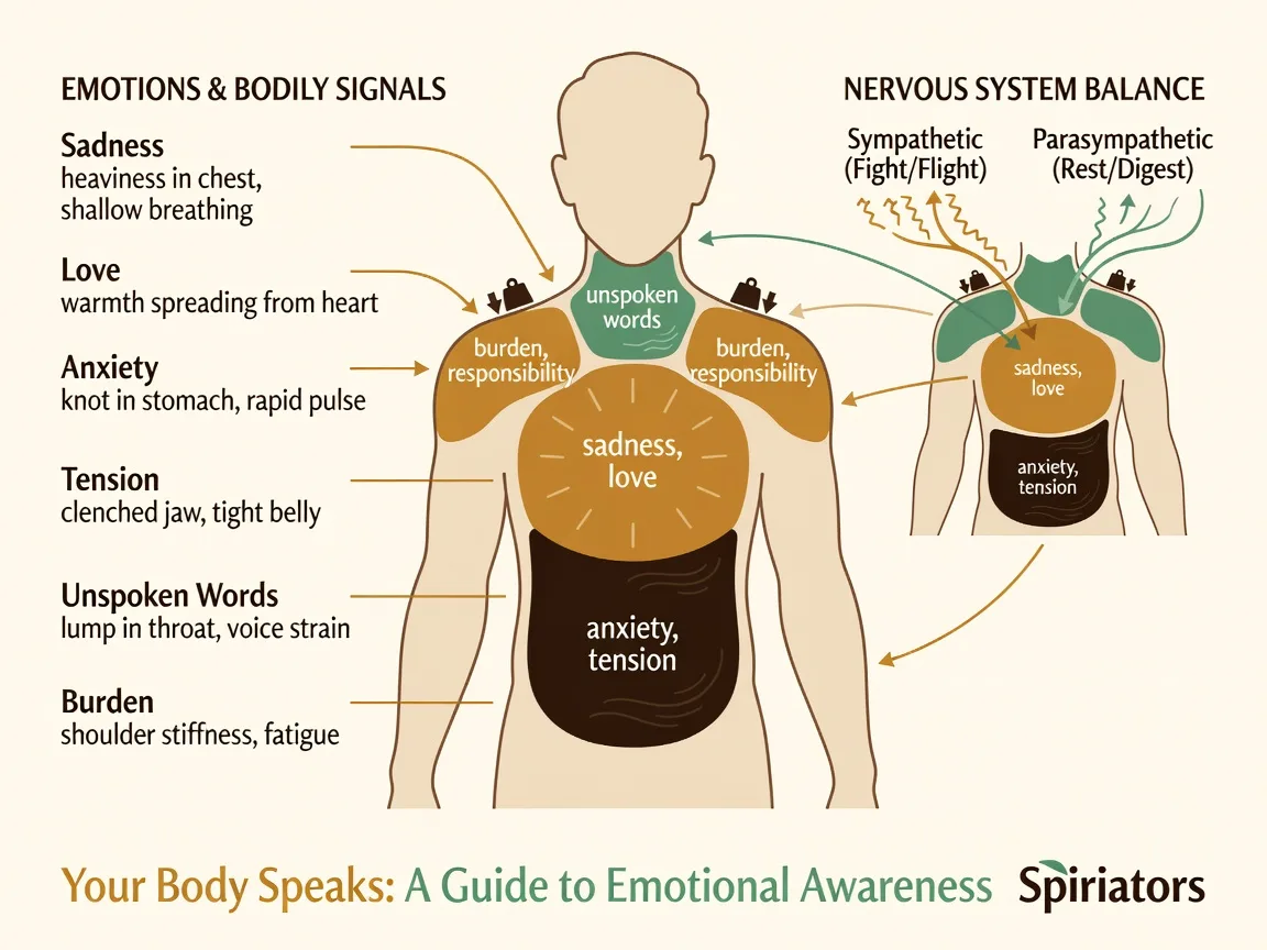 Infographic: A body-map infographic in Spiriators brand style (amber #a66b29, sage green #50957a, earth brown #37