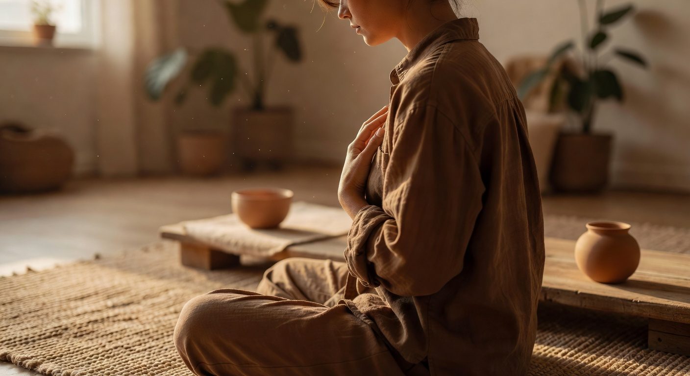 Woman with hands on heart in meditation for heart chakra opening in a serene studio
