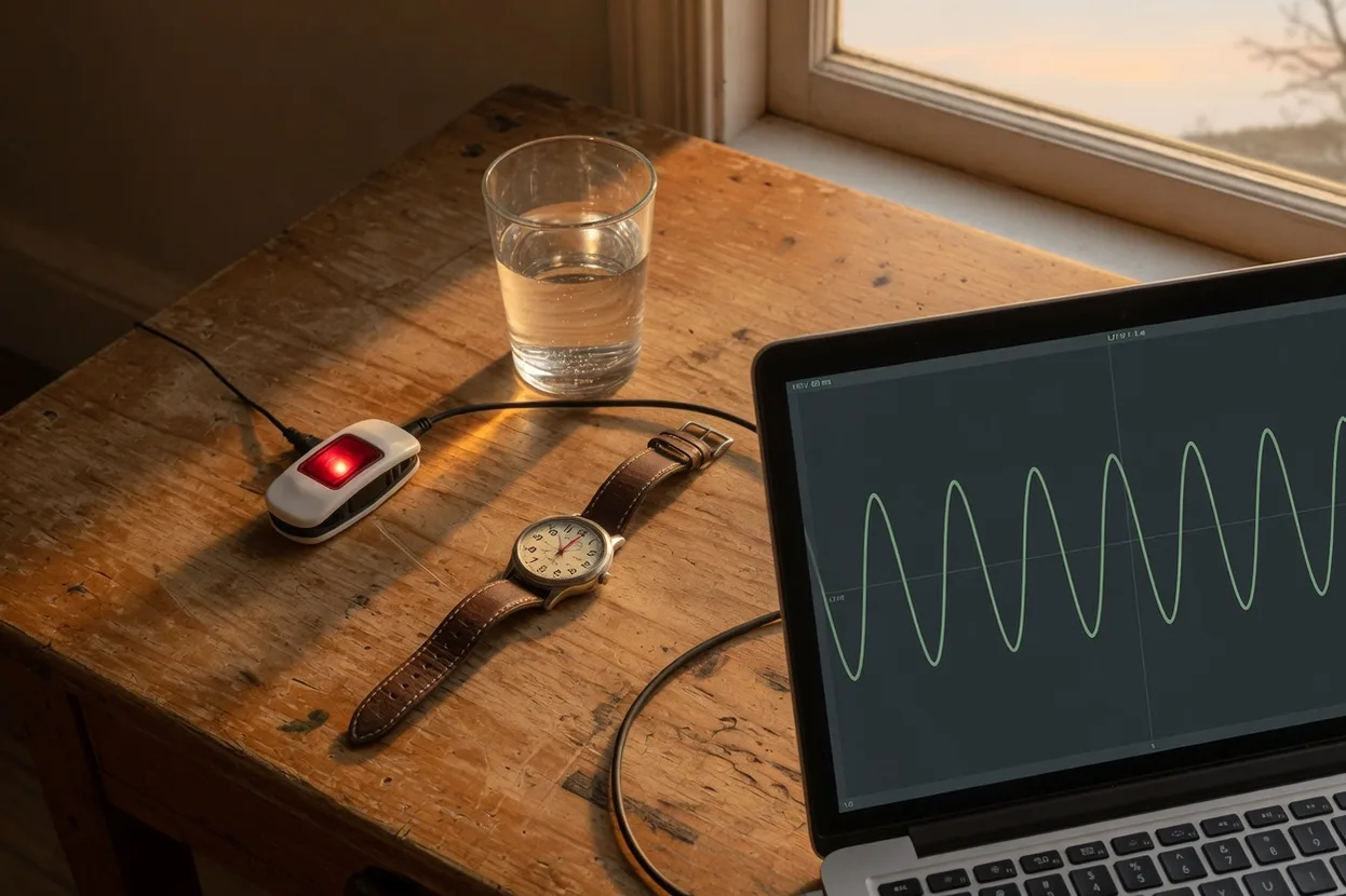 Close-up of a wristwatch showing a smooth HRV sine wave during heart coherence training