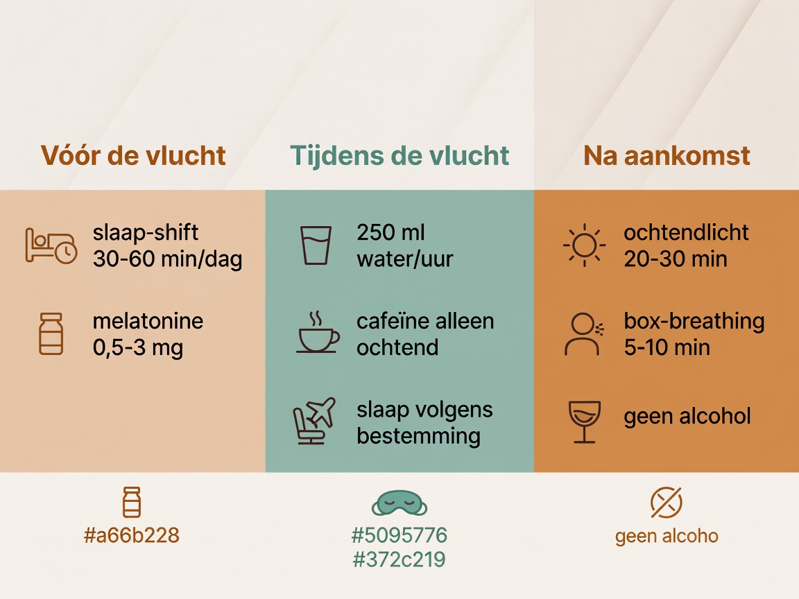 Jetlag protocol overzicht: drie fasen met licht, melatonine, cafeïne en ademwerk per fase