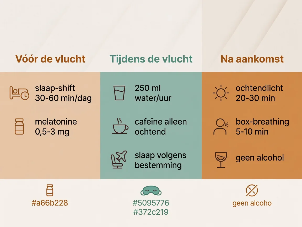 Jetlag protocol overzicht: drie fasen met licht, melatonine, cafeïne en ademwerk per fase