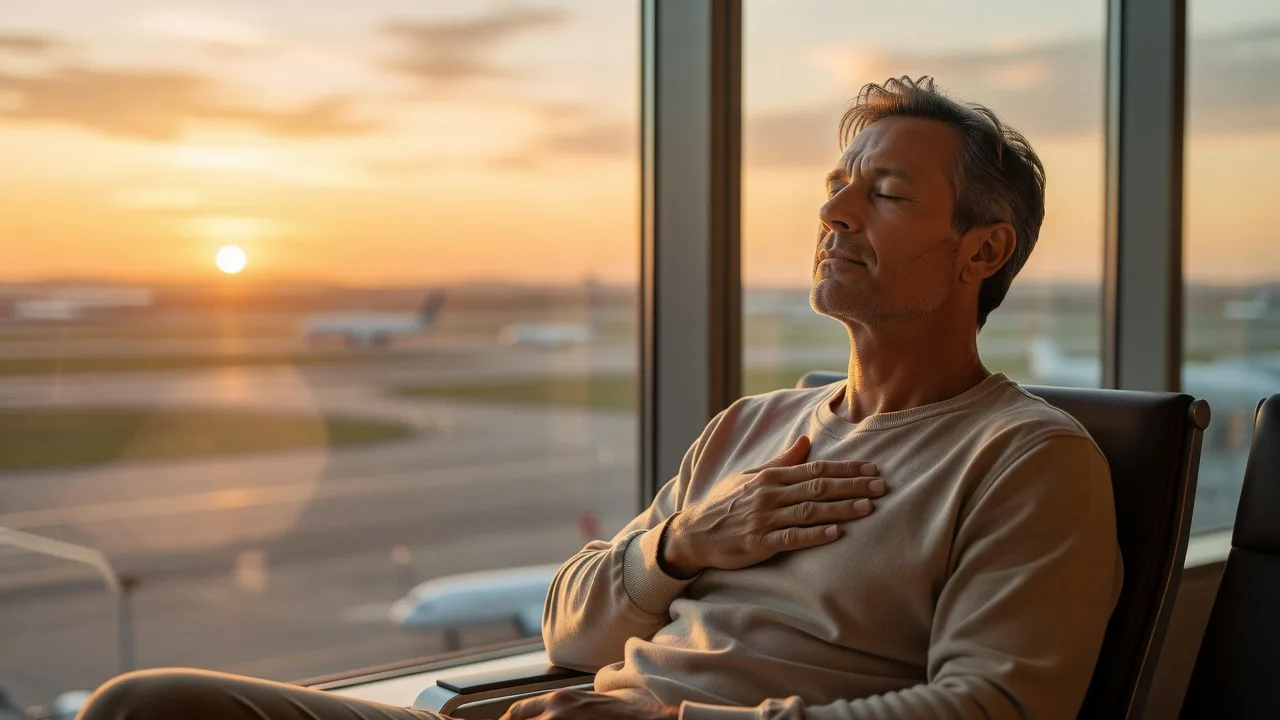 Woman at airport window with morning light, jet lag recovery with breathwork