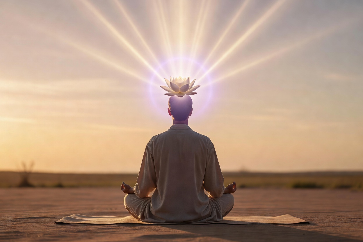 Woman in silent meditation at sunset, hands reaching upward, crown chakra energy