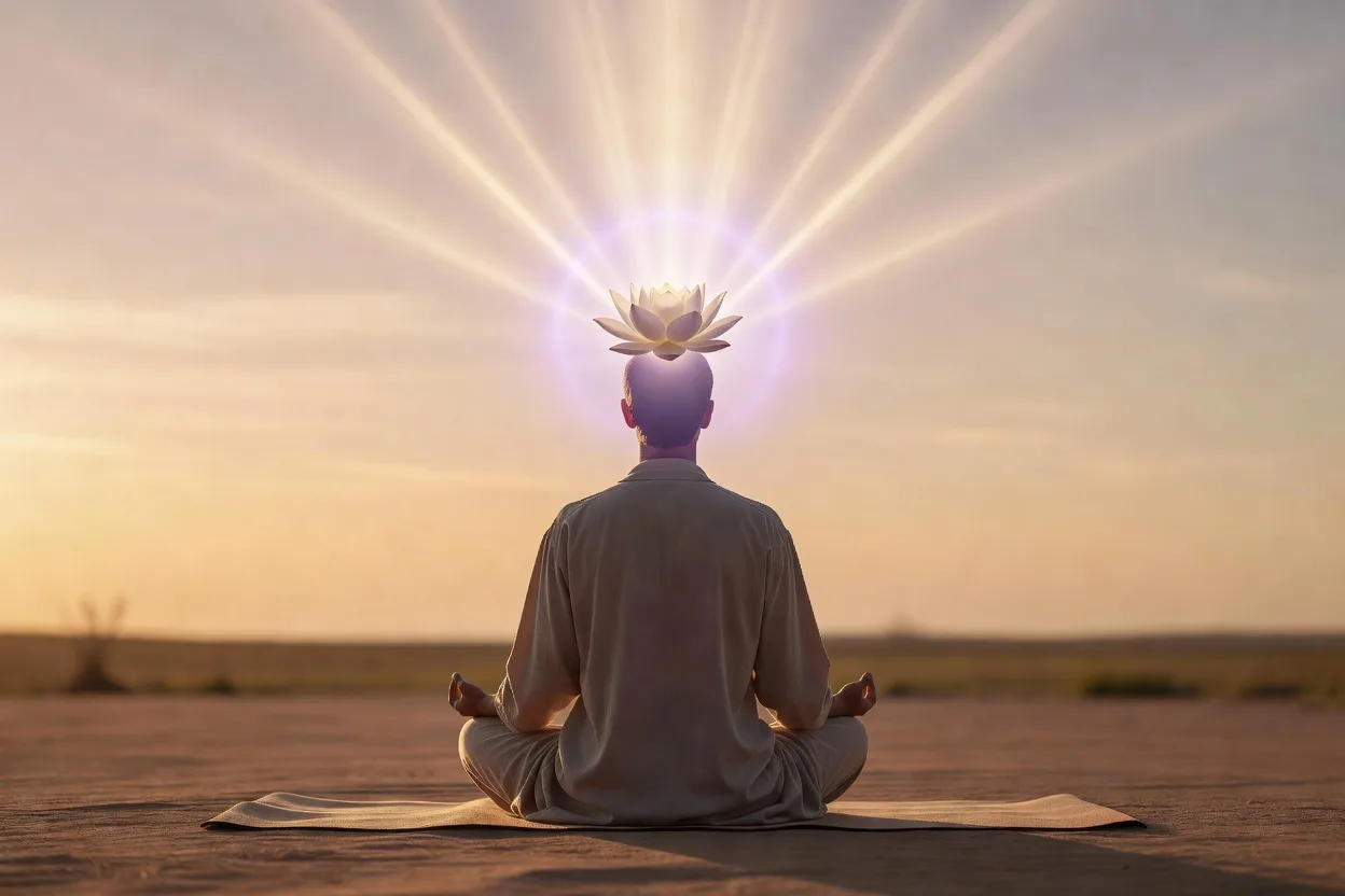 Woman in silent meditation at sunset, hands reaching upward, crown chakra energy