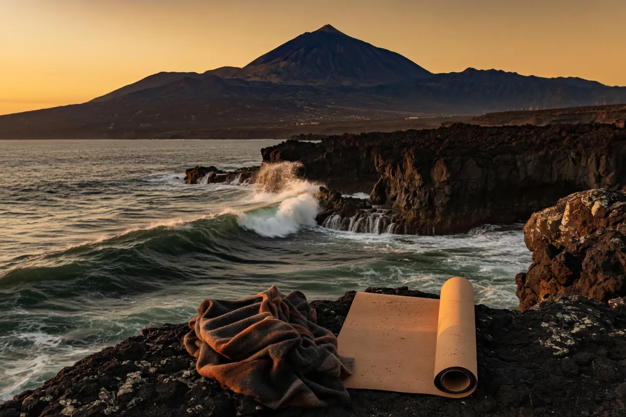 Zwarte vulkanische kust van Tenerife bij golden hour, Atlantische golven en Teide in de verte