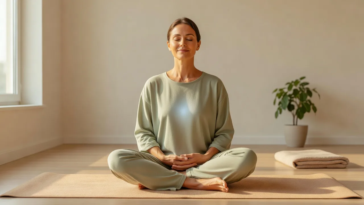 Woman practicing slow diaphragmatic breathing with hands on belly to stimulate vagus nerve and raise vagal tone