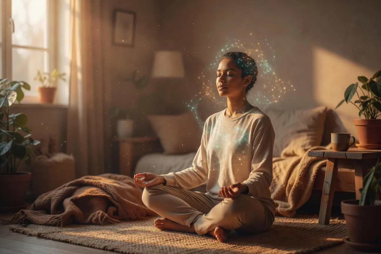 Persoon traint zenuwstelsel preventief met ademwerk en HRV, upstream neurowellness concept