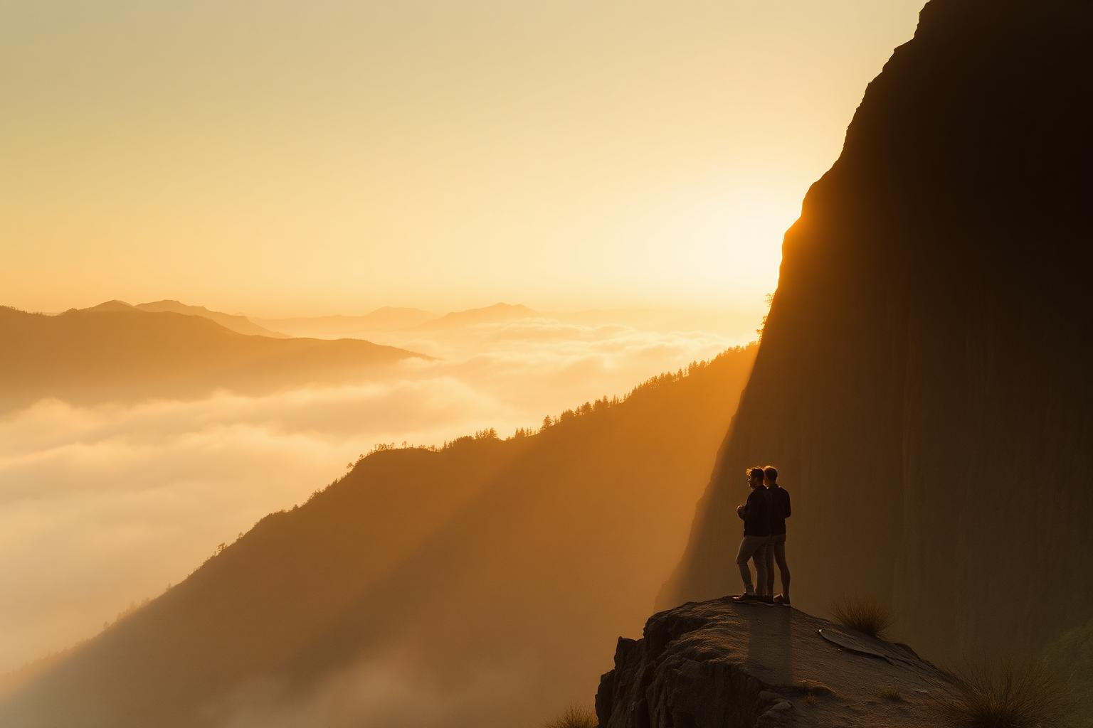 Nomadisch levend stel kijkt bij zonsopgang over de bergen en mist als symbool van nieuw begin en uit de comfortzone stappen