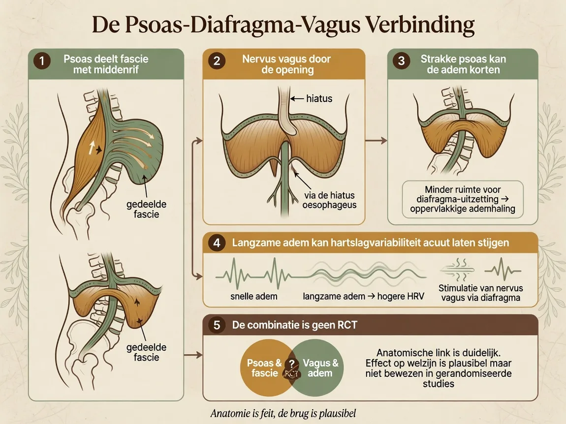Infographic: Verticale infographic, vijf stappen, crème achtergrond. Labels in het Nederlands: 1 Psoas deelt fasc