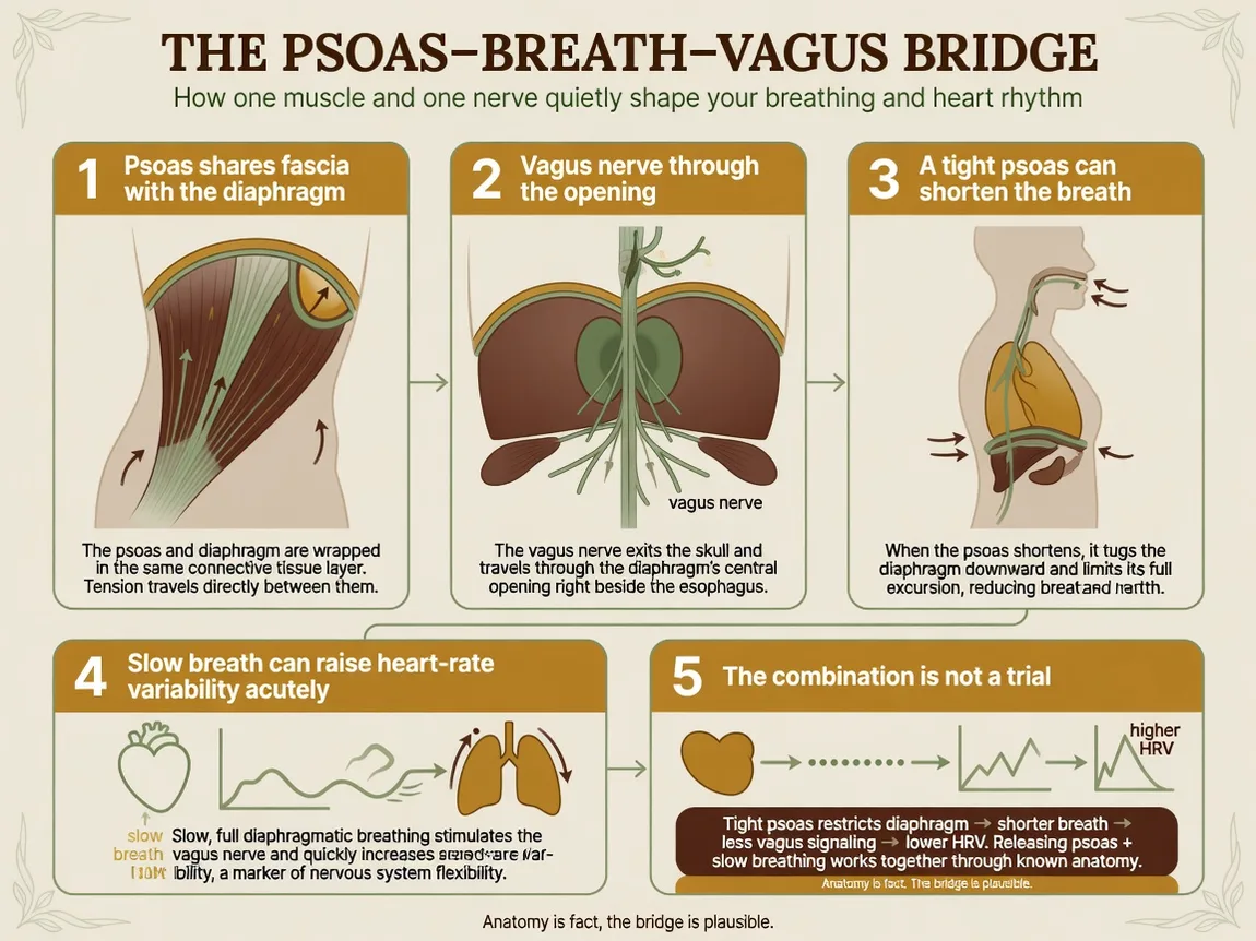 Infographic: Vertical infographic, five steps, cream background. Labels in English: 1 Psoas shares fascia with th