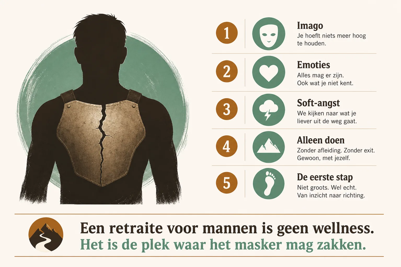 Infographic retraite voor mannen: mannelijk silhouet met gescheurde borstplaat en vijf drempels, imago, emoties, soft-angst, alleen doen, de eerste stap