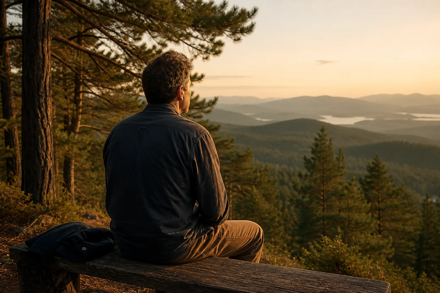 Middle-aged man on a wooden bench in evening light, shoulders slightly dropped — retreat for men