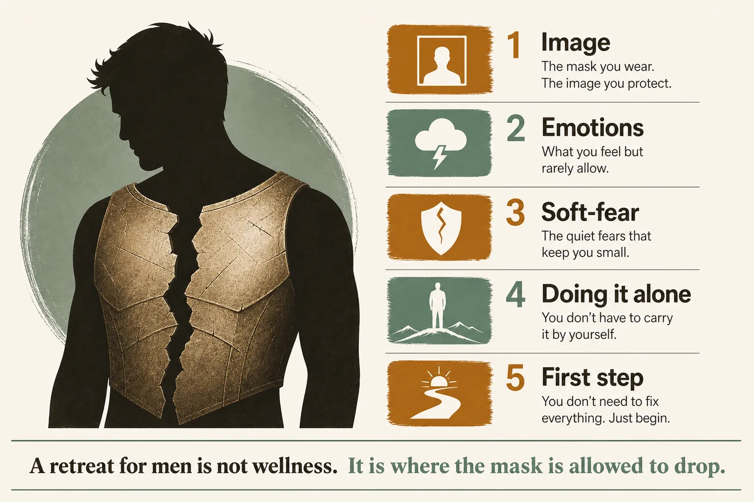 Infographic on a retreat for men: male silhouette with a cracked chest plate and five thresholds, image, emotions, soft-fear, doing it alone, the first step