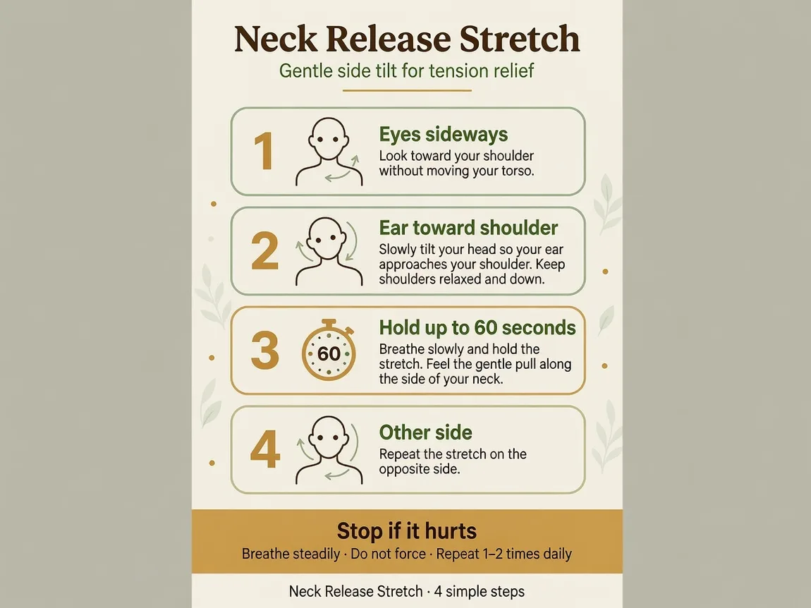 Infographic: Vertical infographic, four steps, cream background. Labels in English: 1 Eyes sideways, 2 Ear toward