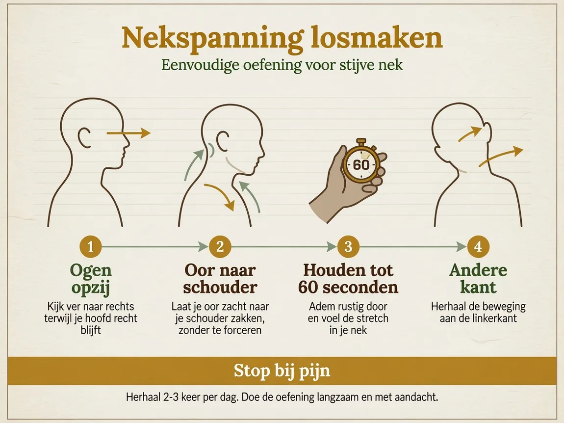 Infographic: Verticale infographic, vier stappen, crème achtergrond. Labels in het Nederlands: 1 Ogen opzij, 2 Oo