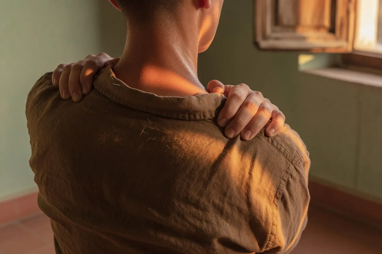 Stress opgeslagen in je lichaam: hand rust op een gespannen schouder in warm ochtendlicht