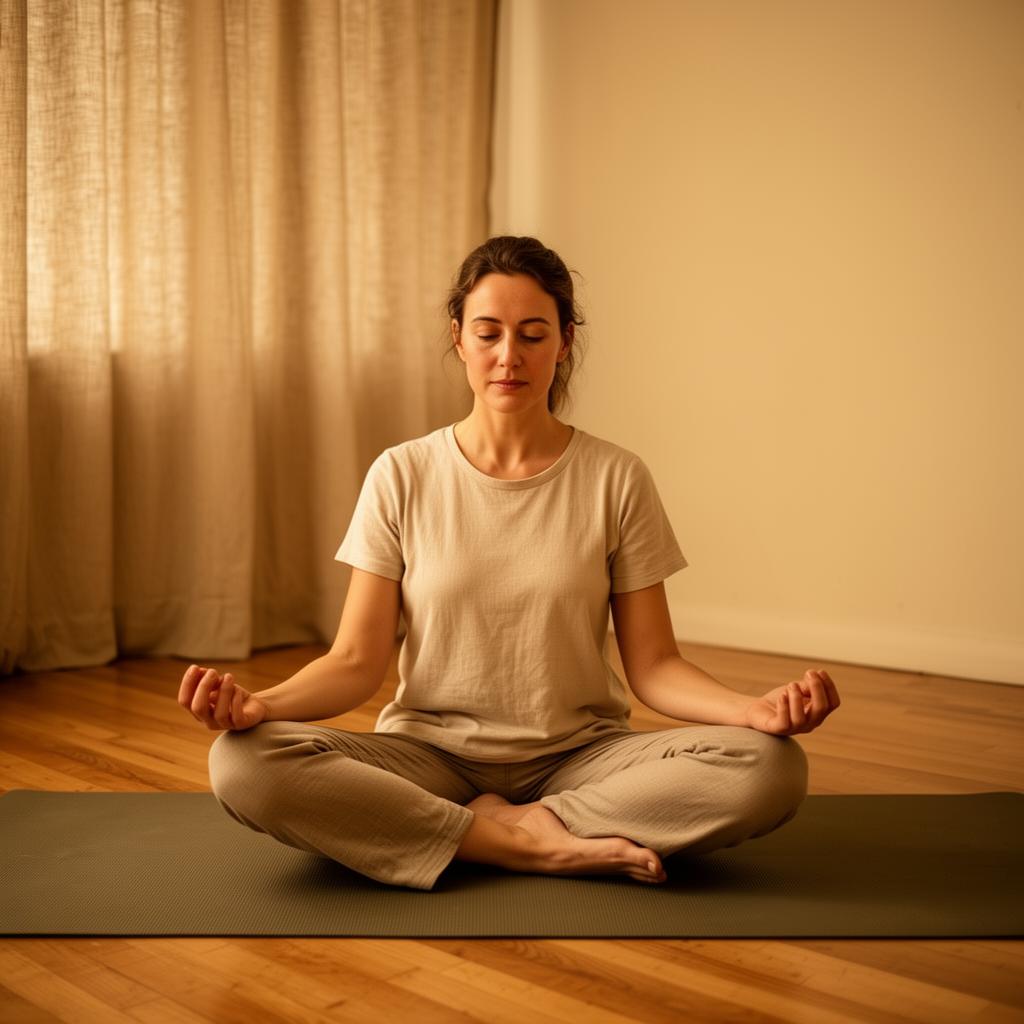 Woman sitting cross-legged in meditation on a yoga mat in a calm warm-lit space — sense of safety and choice, trauma-sensitive yoga