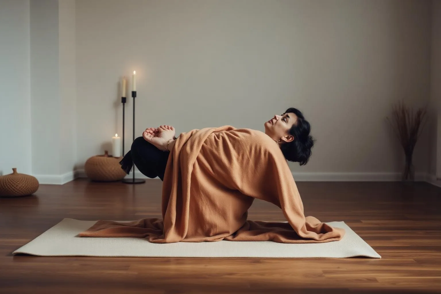 Woman sitting cross-legged in meditation on a yoga mat in a calm warm-lit space — sense of safety and choice, trauma-sensitive yoga