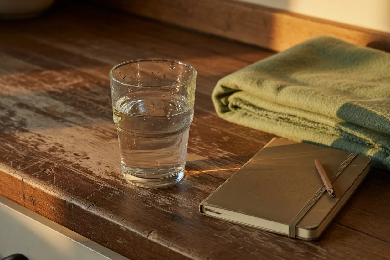 Glass of water still rippling on a wooden counter beside a folded blanket, after shaking from breathwork