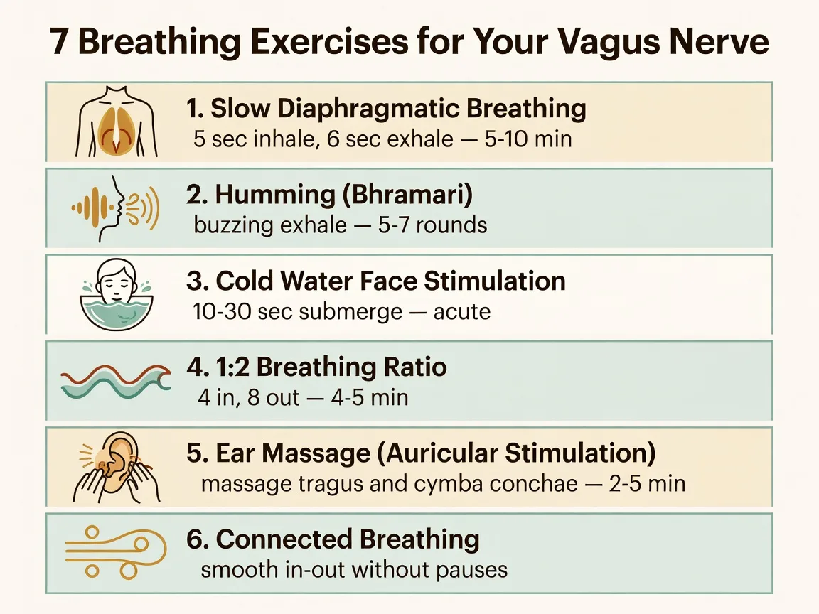Infographic: overview of 7 breathing exercises for vagus nerve stimulation
