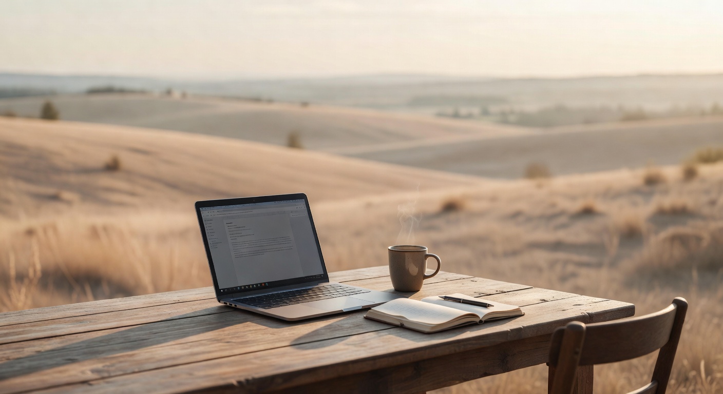 Woman with laptop on a remote beach, gazing at the horizon, symbolizing working from anywhere and the paradox of freedom and uncertainty