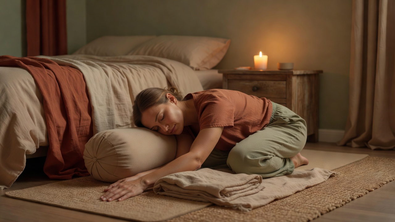 Vrouw in yin yoga kinderhouding op mat in schemerige slaapkamer met kaarslicht en kussens