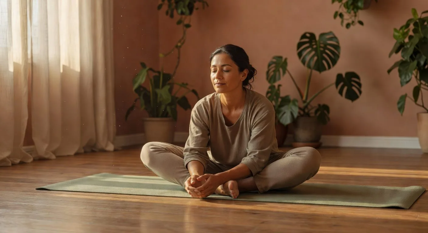 Vrouw in lange yin yoga houding, bindweefsel en emoties loslaten in rustige studio