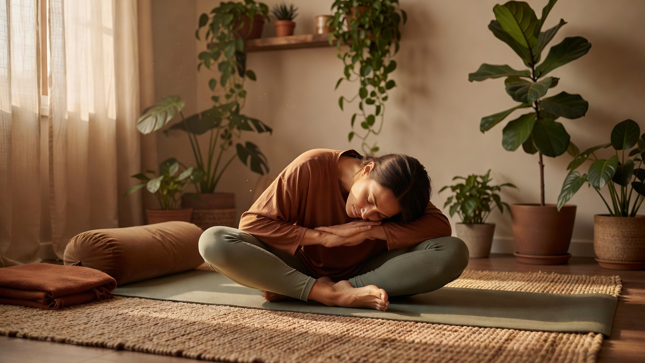 Woman in yin yoga pose on mat in calm room with warm light and plants, nervous system reset routine