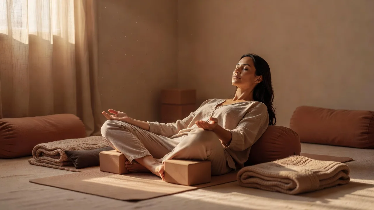 Woman in supported yin yoga pose, calm and relaxed during stress reset