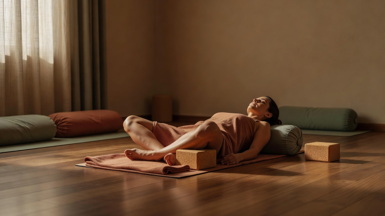 Beginner in een yin yoga houding met bolster en blok, rustige studio met gedimd licht