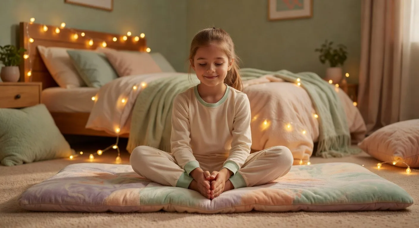 Child in gentle yin yoga pose on a mat, calm and relaxed for parents with questions