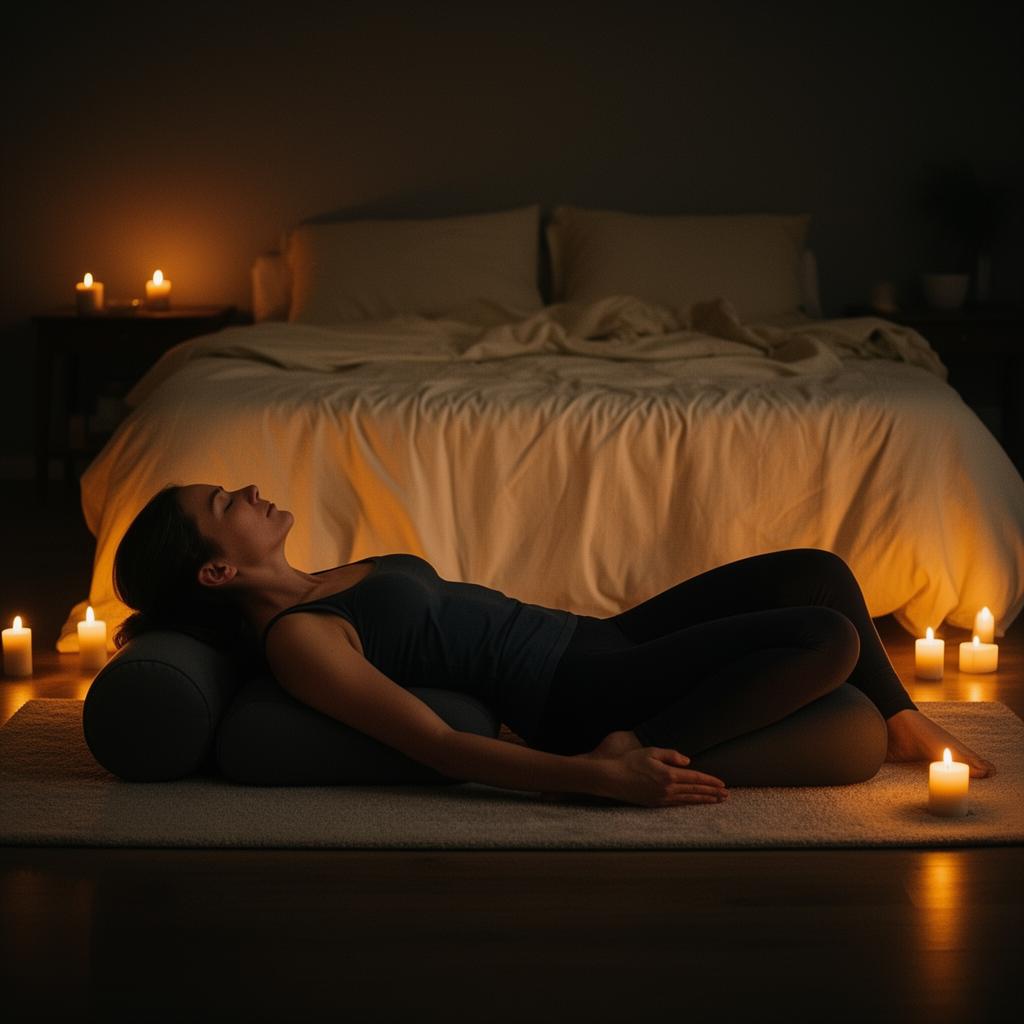 Woman in supported yin yoga pose on a mat beside her bed, surrounded by candlelight, practicing before sleep to address insomnia