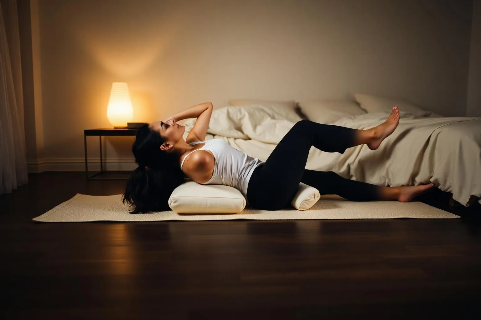 Woman in supported yin yoga pose on a mat beside her bed, surrounded by candlelight, practicing before sleep to address insomnia