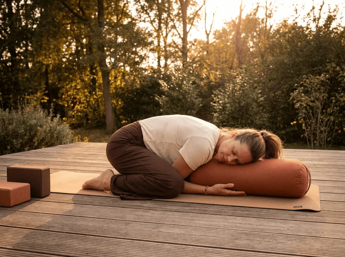 Yin yoga surrender, body sinking into trust in a long passive pose on the mat